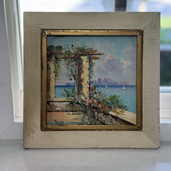 Vintage Enzo Petrilli 6″ Oil Painting on Tile – Italian Seaside Café (Framed) - Picture 4 of 16